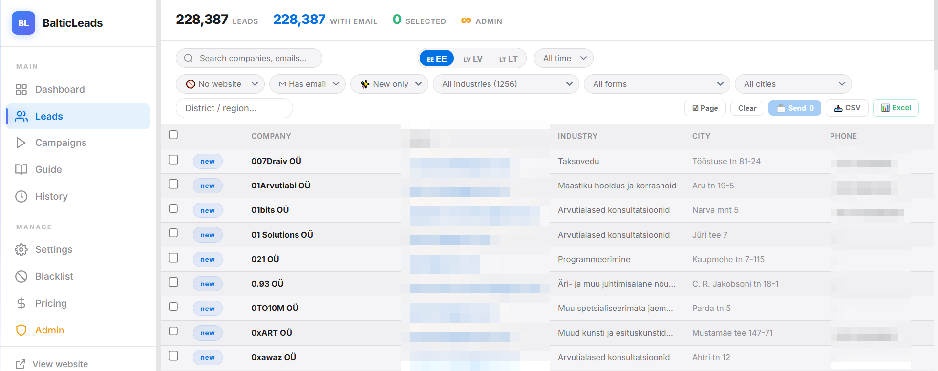 BalticLeads lead generation platform screenshot